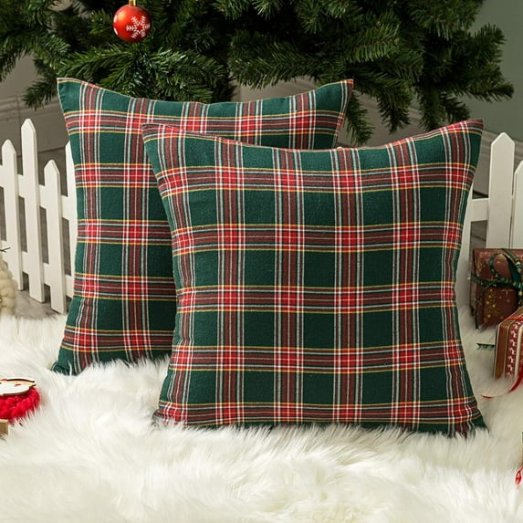 AQOTHES Pack of 2 Christmas Plaid Decorative Throw Pillow Covers Scottish Tartan Cushion Case for Farmhouse Home Holiday Decor Red and Green, 20 x 20 Inches