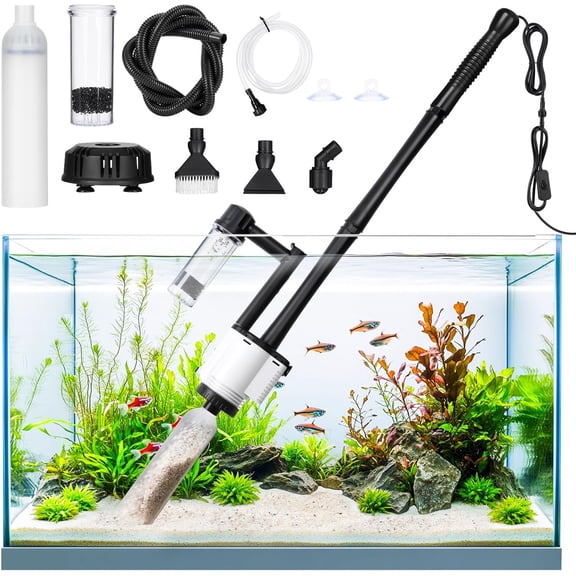 AQQA Electric Fish Tank Cleaner 30W Aquarium Water Changer with Gravel Vacuum, Corner Nozzle Brush, Oxygen Boost etc Complete Accessories, 480 GPH Pump for Freshwater Saltwater Tanks