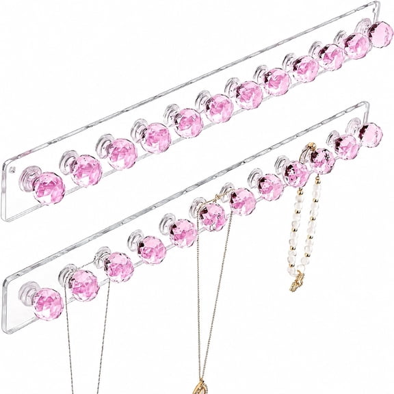 AQQNNA Necklace Holder 2 Pack, Acrylic Wall Jewelry Organizer Hanger for Necklaces, Bracelets & Chains, Clear Adhesive Mount Display Rack for Bedroom Closet