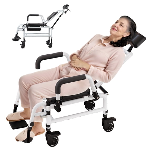 AQQW Multifunctional Shower Commode Chair, Reclining Wheelchair with Brakes & Headrest, Adjustable Backrest 90-140°, Waterproof Faux Leather Seat, 150kg Capacity for Elderly & Disabled