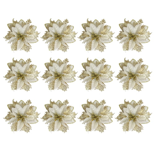 AQRS 12/24Pcs Christmas Artificial Flower Glitter Leaves Red Golden