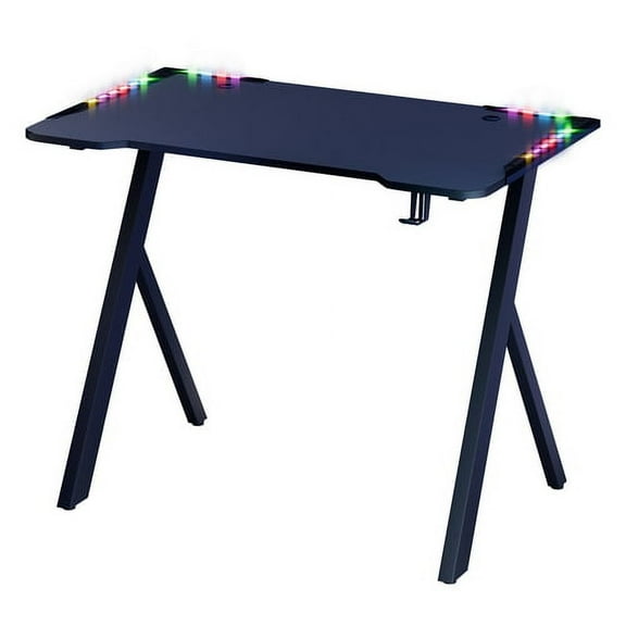 AQRS Gaming Desk with RGB LED Lights Carbon Fibre Surface Gaming Table Large Computer Desk Ergonomic Home Office Desks Z Shaped PC Gamer Workstations with Cup Holder & Headphone Hook Black