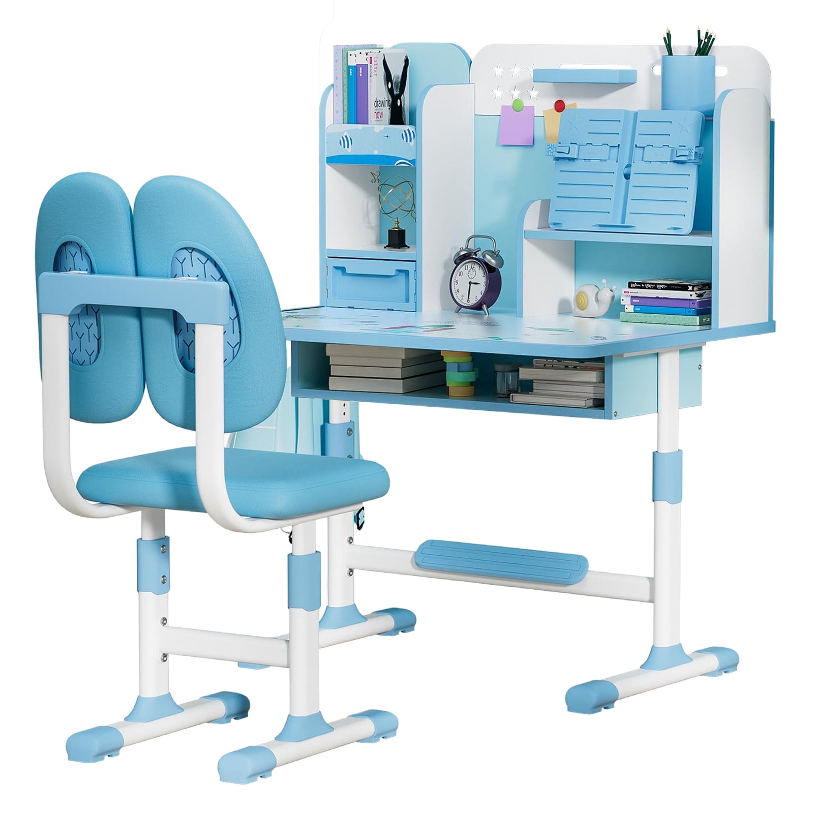 AQSQ Kids Study Desk and Chair Set Height Adjustable Children Table Large Writing Board Desk with Sitting Corrector, Drawer, Bookstand,Blue