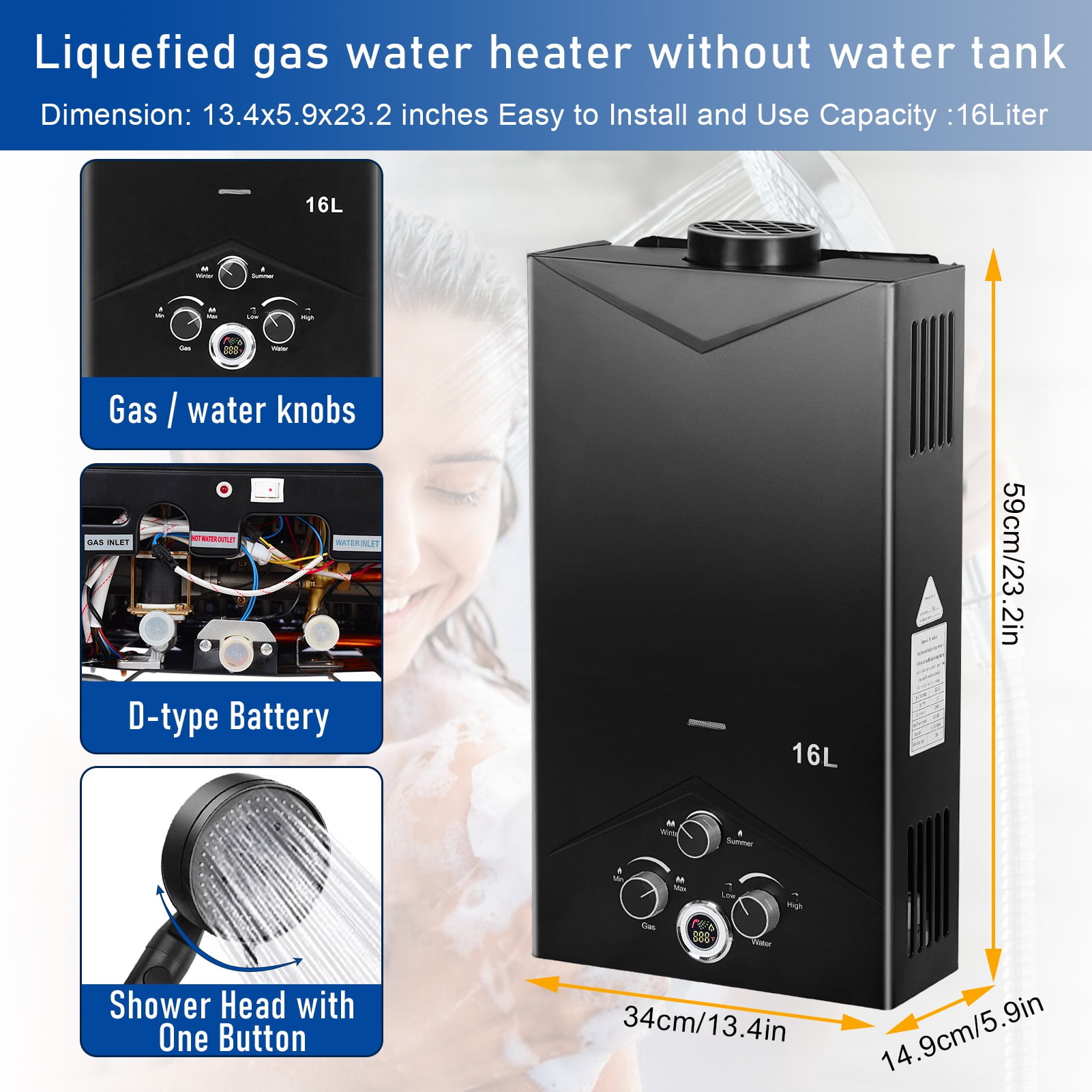 AQSQ Portable Propane Tankless Water Heater, 4.21GPM 16L RV Tankless Automotive Heater with Digital Display for RV Use