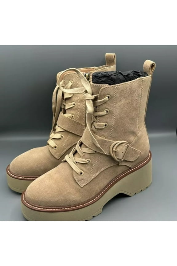 Womens Beige 1-1/2" Platform Heel Pull-Tab Lace Up Goring Waterproof Buckle Accent Slip Resistant Gecko Round Toe Block Heel Zip-Up Booties 7.5 M