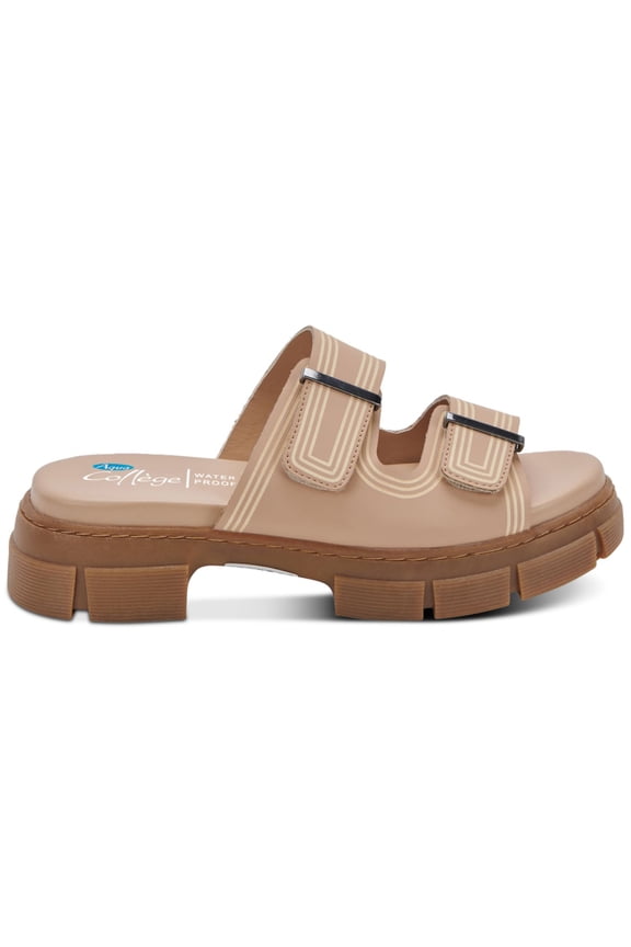 Womens Beige Adjustable Strap Water Resistant Hippie Round Toe Block Heel Slip On Slide Sandals Shoes 7 M