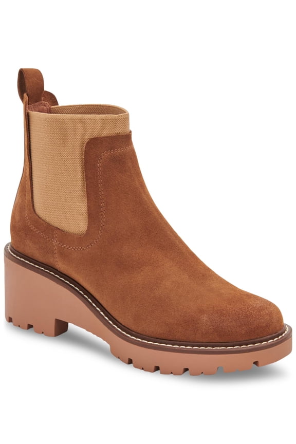 Womens Beige Chelsea Water Resistant Slip Resistant Demi Round Toe Wedge Leather Booties 8.5 M