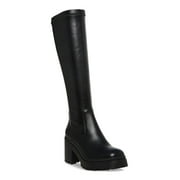 AQUA COLLEGE Womens Black 1" Platform Waterproof Stretch Ria Round Toe Block Heel Zip-Up Dress Boots 9 M