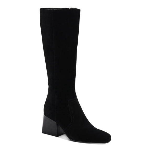 AQUA COLLEGE Womens Black Goring Cushioned Waterproof Tori Square Toe Stacked Heel Zip-Up Suede Dress Boots Shoes 5.5 M