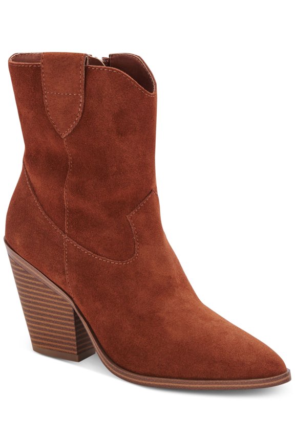 Womens Brown Pull Tab Padded Winder Pointed Toe Block Heel Zip-Up Leather Booties 9