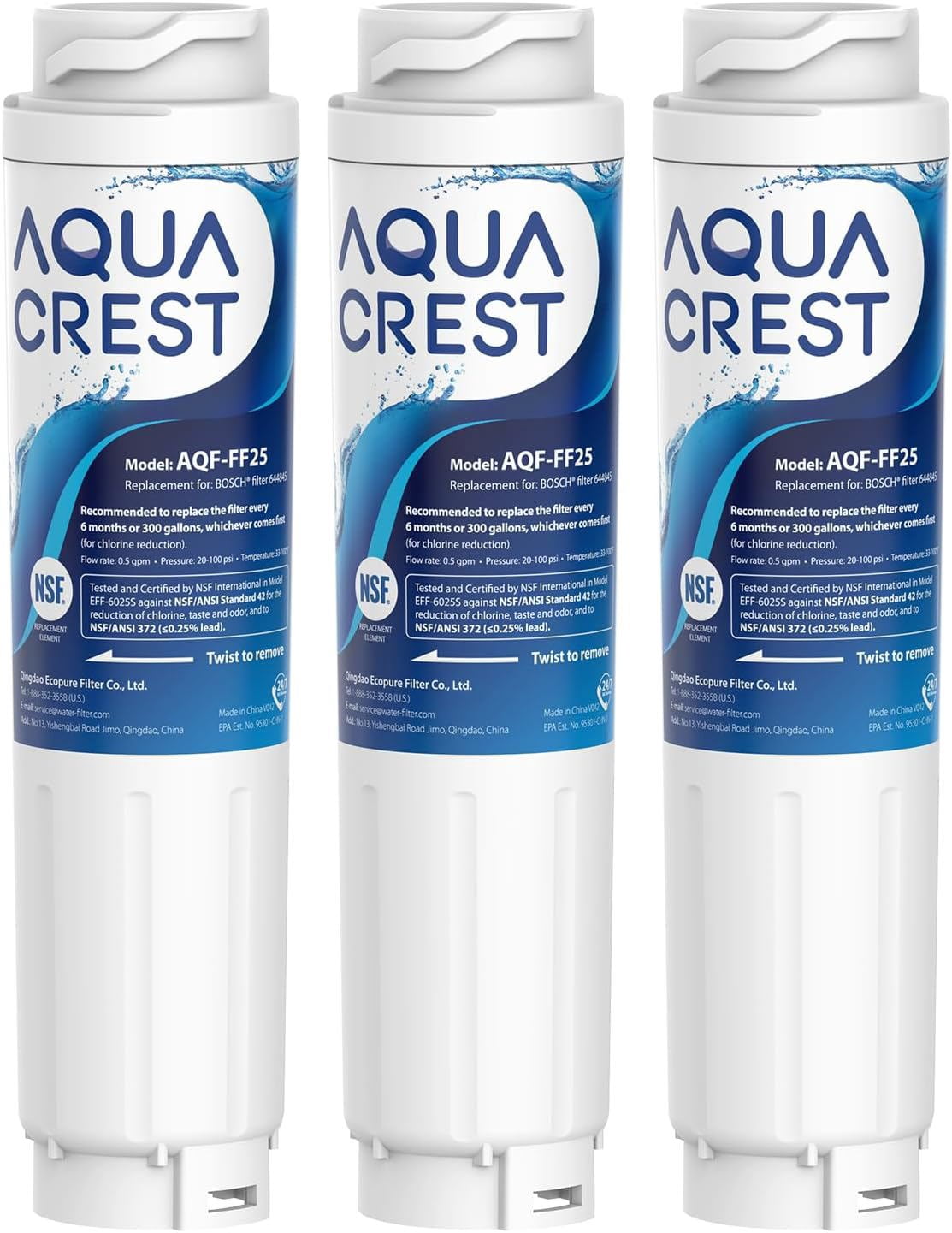 AQUA CREST 644845 Refrigerator Water Filter Replacement for Bosch® Ultra Clarity® 11034152, 9000077104, 9000194412, B26FT70SNS, B22CS80SNS, B22CS50SNS, Haier 0060820860, Miele KWF1000, 3 Filters
