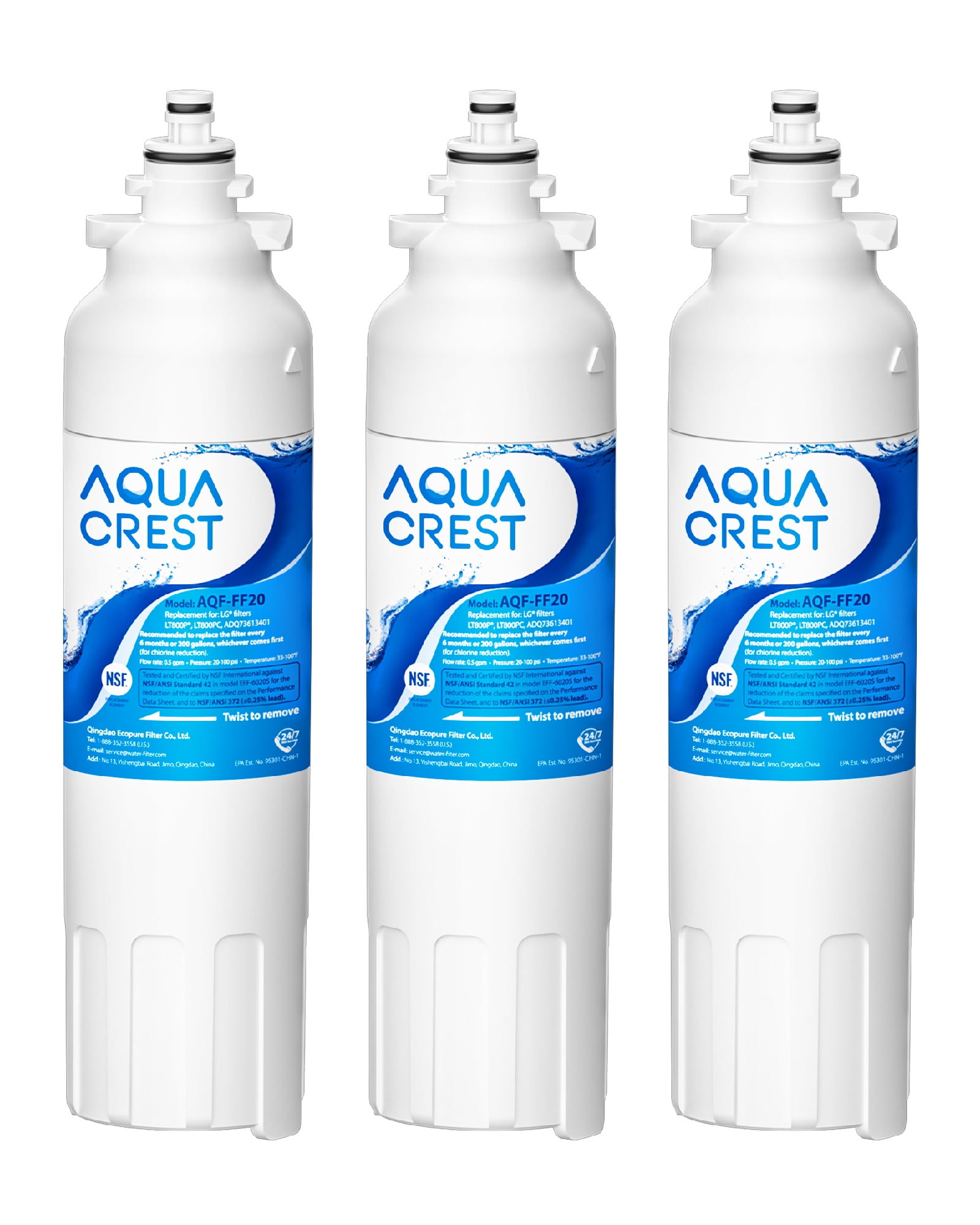 AQUA CREST ADQ73613401 Refrigerator Water Filter, Replacement for LG® LT800P®, ADQ73613402, ADQ73613408, ADQ75795104, Kenmore 9490, 46-9490, LSXS26326S, LMXC23746S, LMXC23746D (Pack of 3)