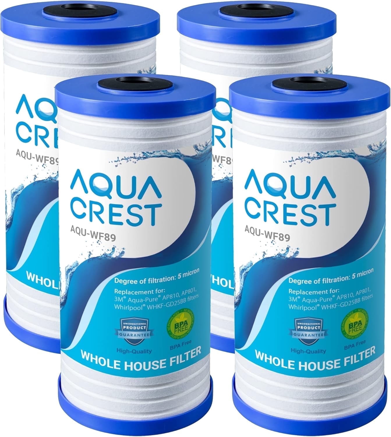 4 Pack AQUACREST WHKF-GD25BB Whole House Water Filter, Replacement for 3M Aqua-Pure AP810, AP801, AP811, Whirlpool WHKF-GD25BB, WHKF-DWHBB, 5 Micron, 10" x 4.5", Well & Tap Water Filter, Pack of 3