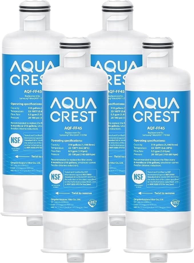 AQUA CREST AQF-FF45 Replacement for Samsung® DA97-17376B, DA97-08006C, HAF-QIN/EXP, RS27T5200SR, RF28T5001SR, RF24R7201SR, RF28R6201SR, Refrigerator Water Filter, 4 Pack