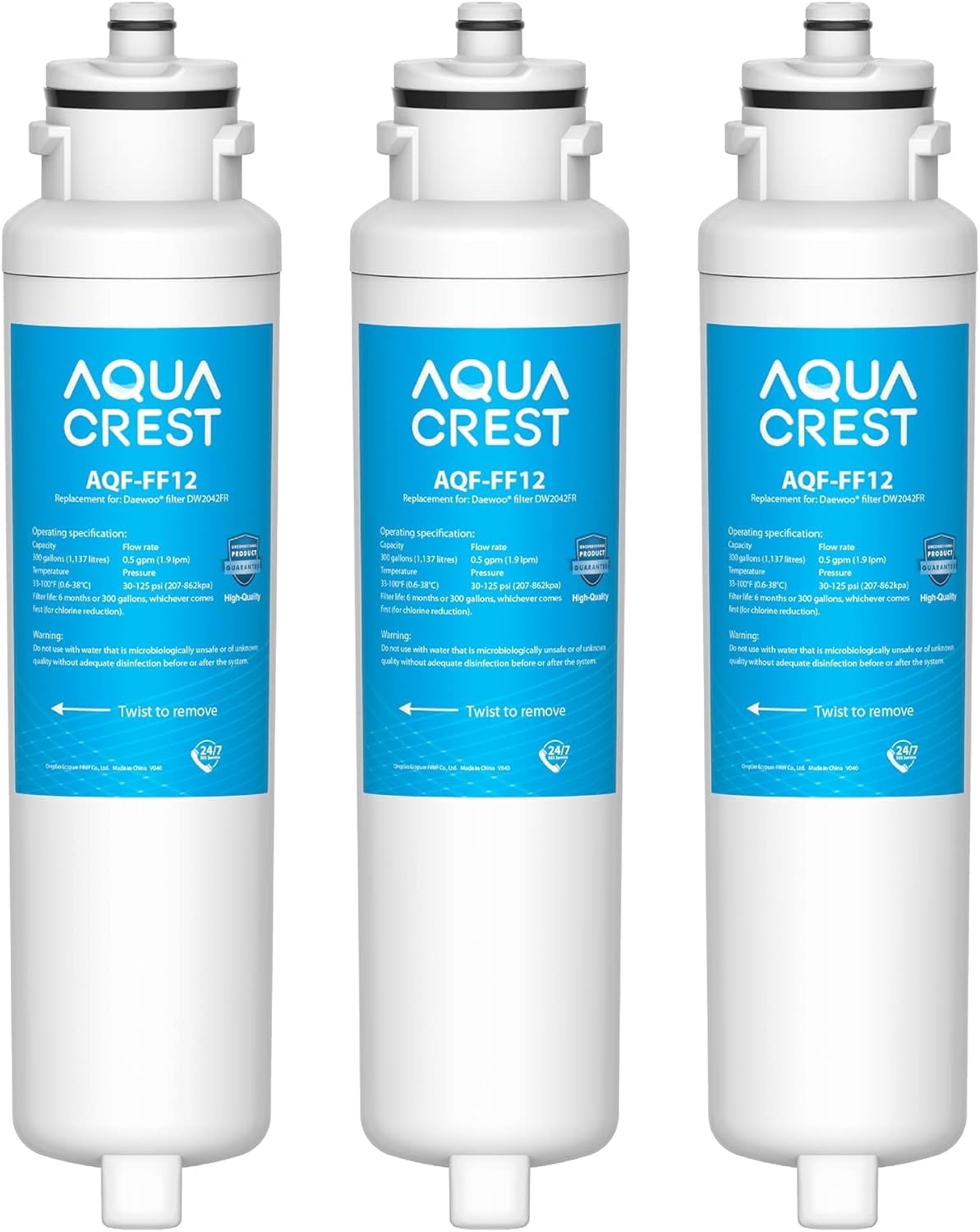AQUACREST DW2042FR-09 Refrigerator Water Filter, Compatible with Daewoo DW2042FR, Kenmore 46-9130, DW2042FR-09, Aqua Crystal DW2042F-09,3 Pack