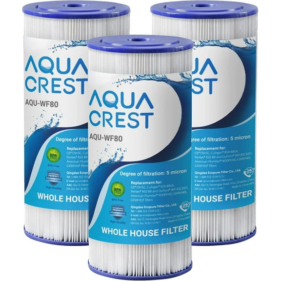 AQUA CREST FXHSC Whole House Water Filter Replacement for GE FXHSC, GXWH40L, GXWH35F, American Plumber W50PEHD, W10-PR, Culligan R50-BBSA, 5 Micron 10" x 4.5", High Flow Sediment Filters, Pack of 3