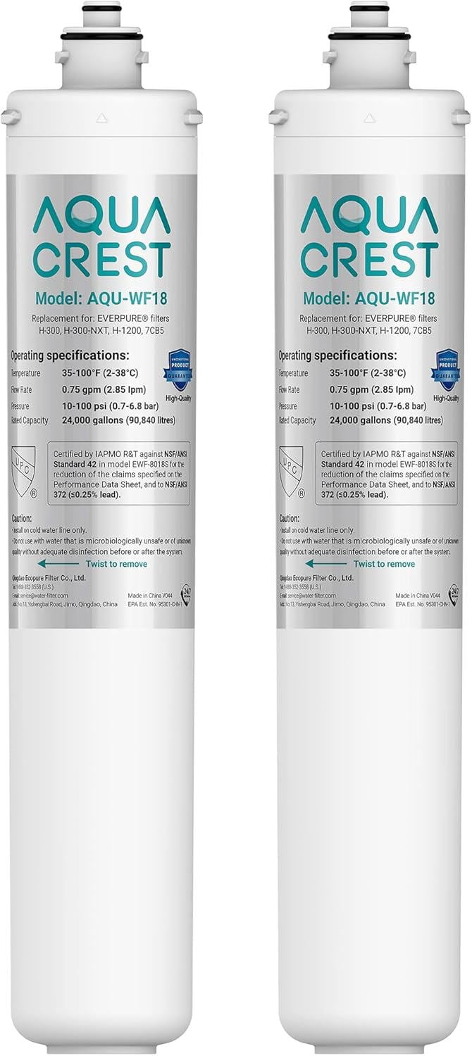 AQUA CREST H-300 Under Sink Water Filter, Replacement for Everpure H-300, H-300-NXT, 7CB5, EV9270-71, EV9270-72, EV9618-11, EV9855-50, EV9282-01, NSF/ANSI 42 Certified, 24000 Gallons, 2 Pack