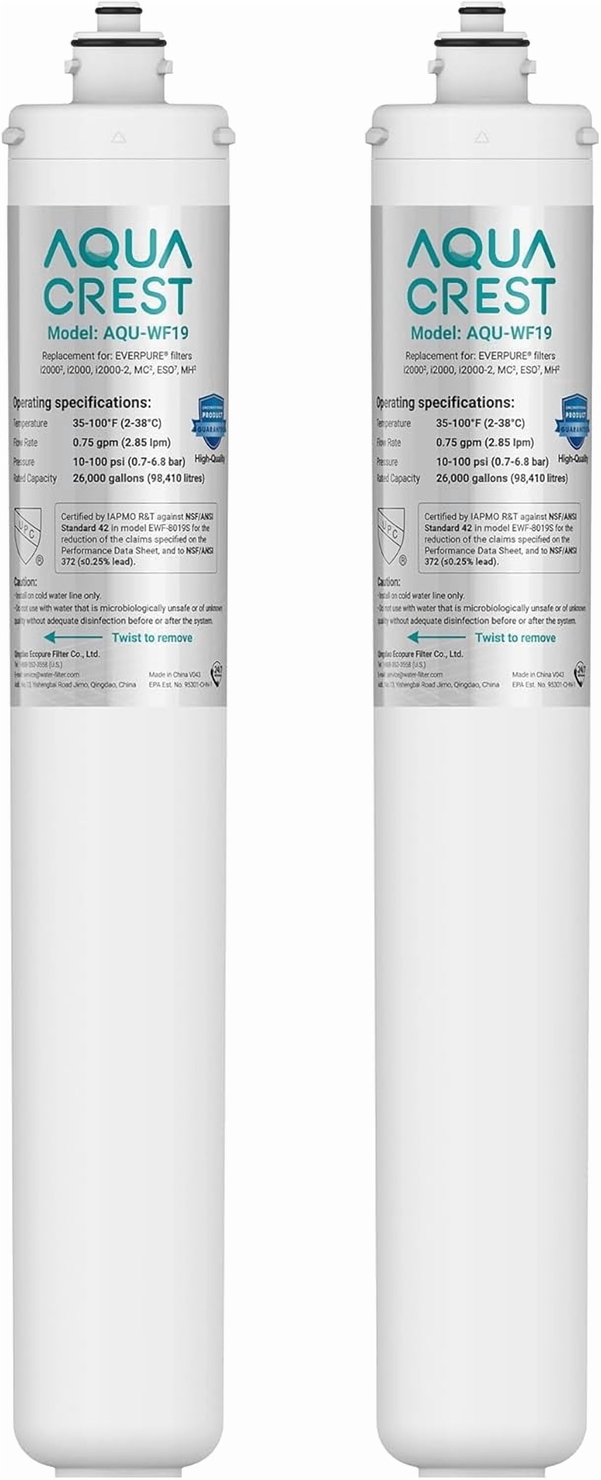 AQUA CREST I2000 2 Under Sink Water Filter, Replacement for Everpure I2000 2, EV9612-22, MC2, ESO7, MH2, EV9612-56, EV9607-25, EV9613-21, NSF/ANSI 42 Certified, 26000 Gallons, 2 Pack
