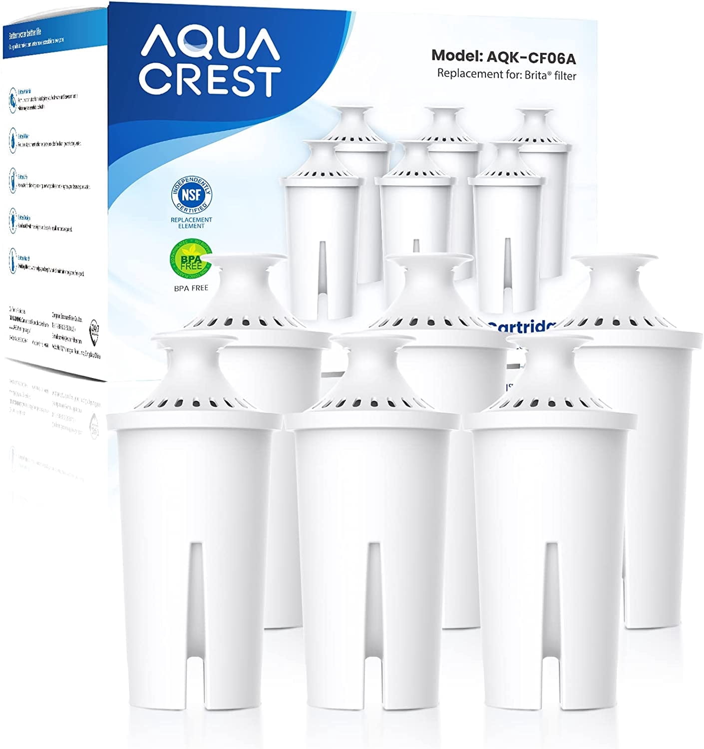 AQUA CREST CF06A Replacement for Brita® Filter, Brita® Water Pitchers and Dispensers, Classic OB03, Mavea® 107007, and More, NSF Certified Pitcher Water Filter,