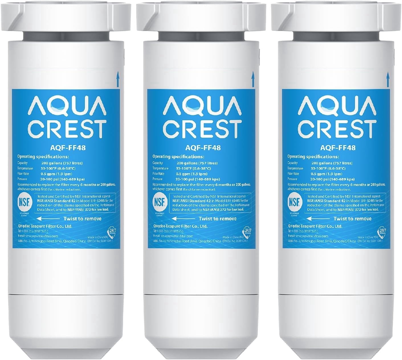 AQUA CREST XWF Refrigerator Water Filter, Replacement for GE® WR17X30702, Compatible with GE® GNE27, GFE26, GDE25, GSS25, PSE25 Series Refrigerators, NSF 42/372 Certified, 3-Pack (No-chip)