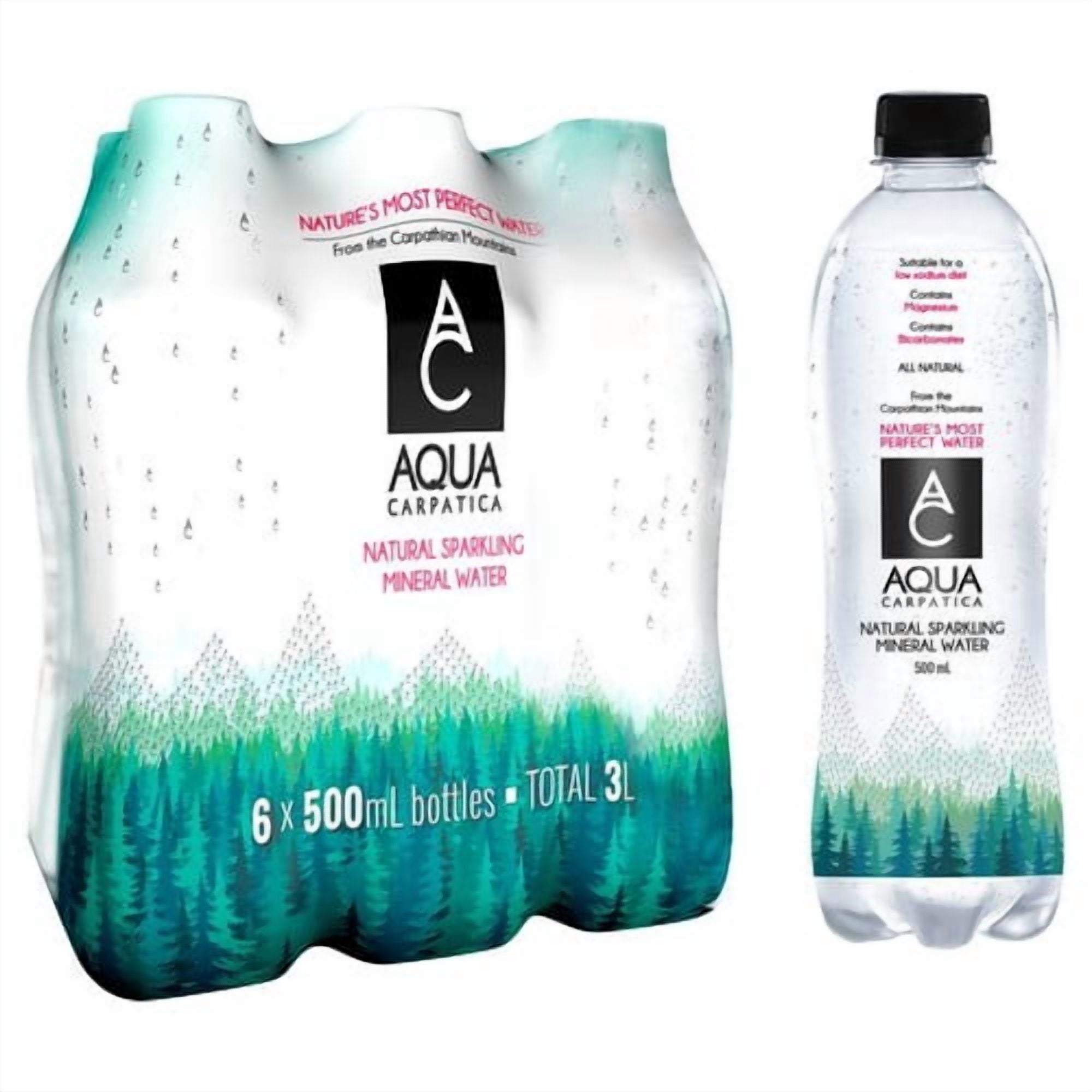 AQUA Carpatica Naturally Sparkling Natural Mineral Water Nitrates Free 6 x 500ml, British Import (Pack of 2)