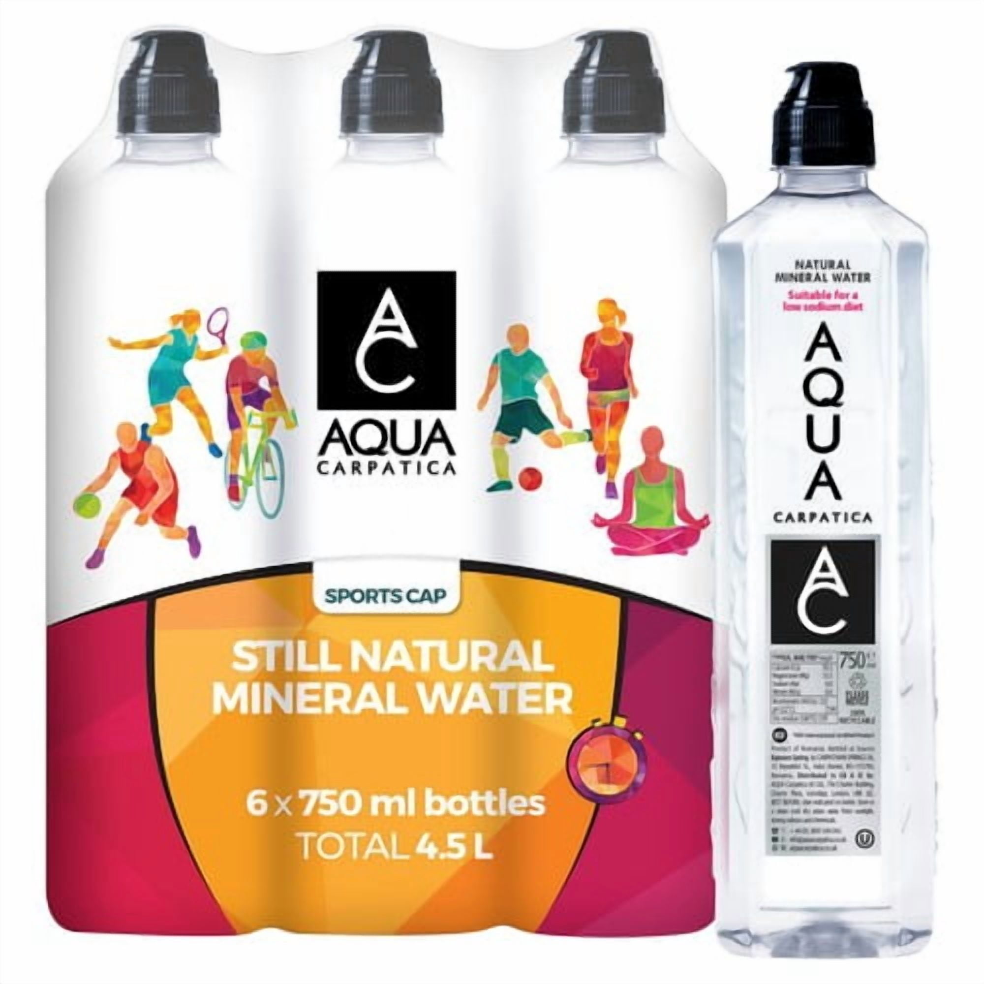 AQUA Carpatica Sports Cap Still Natural Mineral Water Low Sodium & Nitrates 6 x 750ml, British Import (Pack of 2)