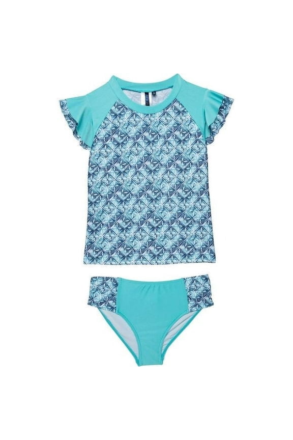 Girl's UPF 50+ Rash Guard and Bikini Bottoms Swim Set-Blue / 4 (Girl)