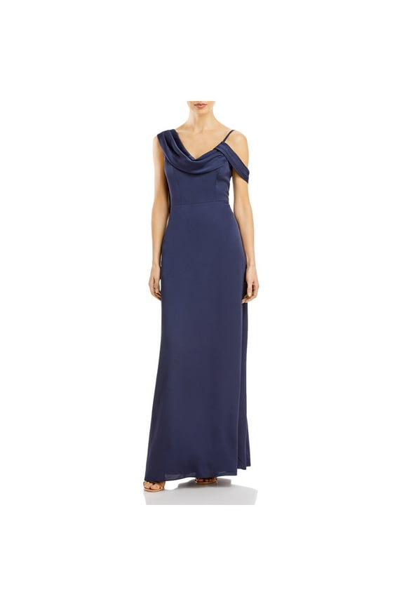 Womens Navy Zippered Adjustable Lined Sleeveless Asymmetrical Neckline Full-Length Evening Gown Dress 10