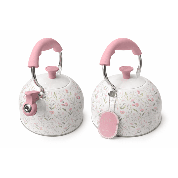AQUA Floral Print Stainless Steel Tea Kettle with Pink Handle, 2.64 Quart