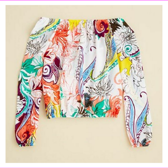 AQUA Girls' Paisley Peasant Top, White Multi, Size M, MSRP $58