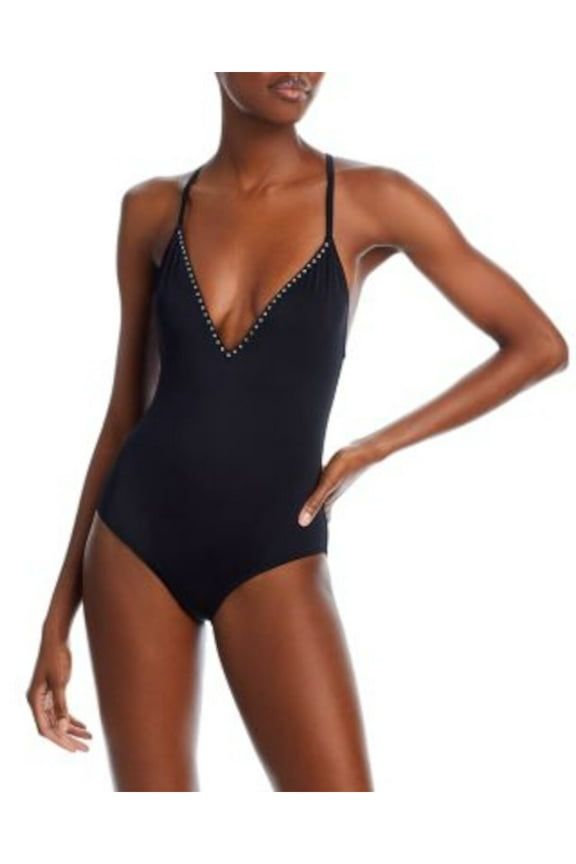 SWIM Women's Black Stretch V-Neck Rhinestones No Padding Adjustable Moderate Coverage One Piece Swimsuit L