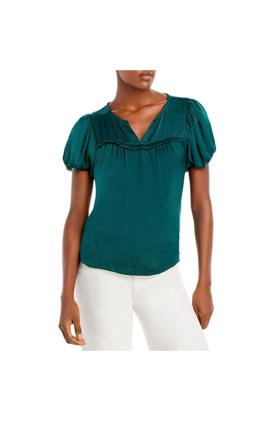 Women's Split Neck Puff Sleeve Top XL Emerald Short Sleeve Pullover B4HP