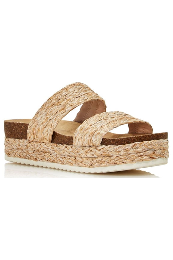 Womens Beige 1" Platform Raffia Strappy Woven Kimbo Round Toe Wedge Slip On Slide Sandals 6.5 M
