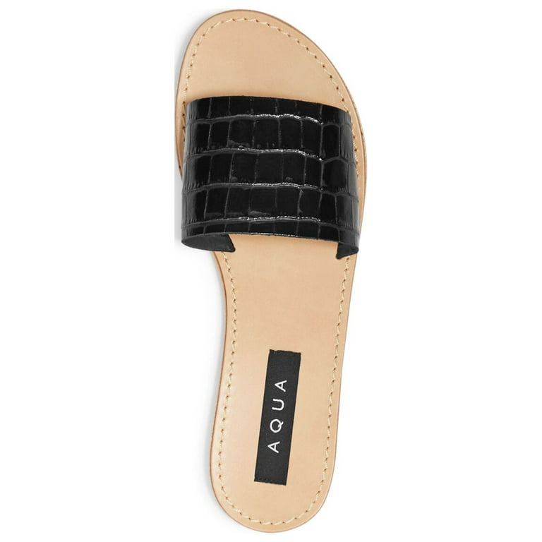 AQUA Womens Black Croc Embossed Slide Round Toe Block Heel Slip On