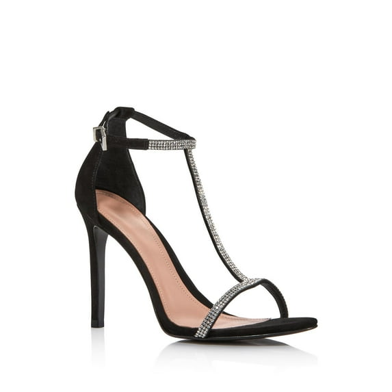 AQUA Womens Black Crystal-Embellished T-Strap Ankle Strap Hariana Open Toe Stiletto Buckle Leather Dress Sandals Shoes 8 B