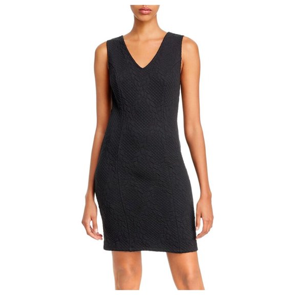 AQUA Womens Black Quilted Sleeveless V Neck Short Body Con Dress Size: XS