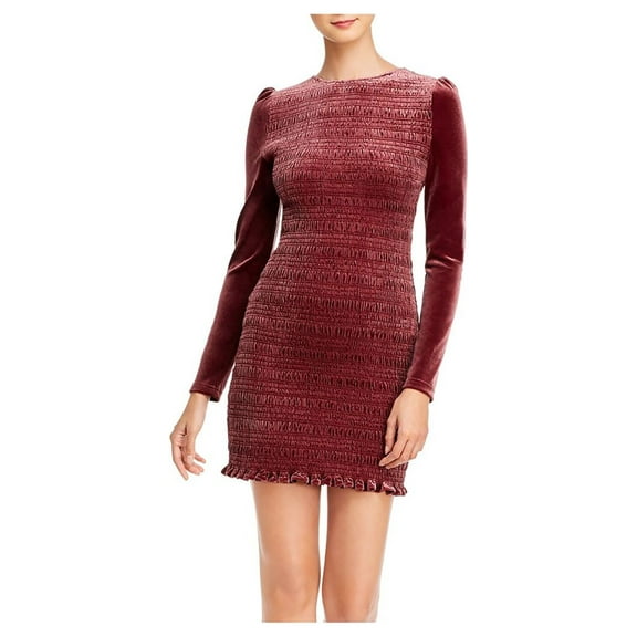 AQUA Womens Burgundy Textured Long Sleeve Crew Neck Mini Body Con Dress S