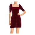 thumbnail image 1 of AQUA Womens Burgundy Velvet Pouf Square Neck Short Cocktail Sheath Dress M, 1 of 2