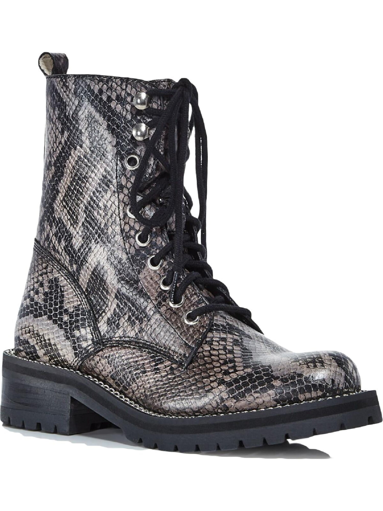 AQUA Womens Gray Snake Lace Up 1 Platform Pull Tab Lug Sole Jax Round Toe Block Heel Zip Up Leather Combat Boots 5.5 M