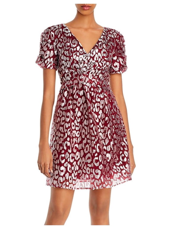 Womens Maroon Metalic Patterned Short Sleeve V Neck Short Party Fit + Flare Dress M