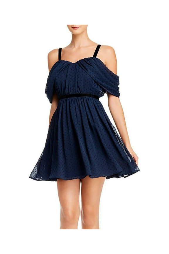 Womens Navy Cold Shoulder Polka Dot Sleeveless Off Shoulder Short Evening Fit + Flare Dress S