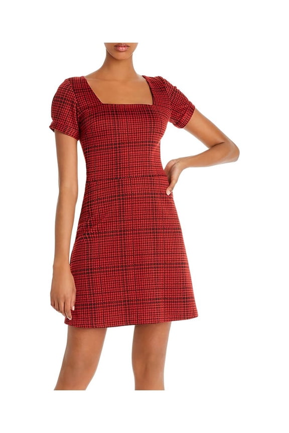 Womens Red Patterned Short Sleeve Short Fit + Flare Evening Dress Size: S