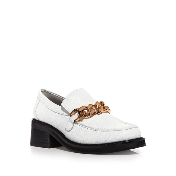 AQUA Womens White Bone Lizard Embossed Chain Accent Cushioned Lena Round Toe Block Heel Slip On Leather Dress Heeled Loafers 9.5 M