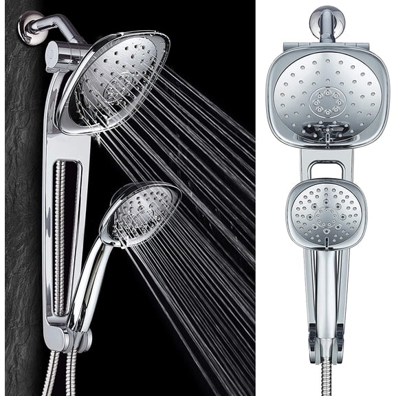 AQUABAR High Pressure Square 3-way Luxury Spa Combo System with Adjustable 18" Extension Arm for Easy Reach & Mobility - Use 7.5" Rain & Handheld Shower Head Separately or Together/All-Chrome Finish