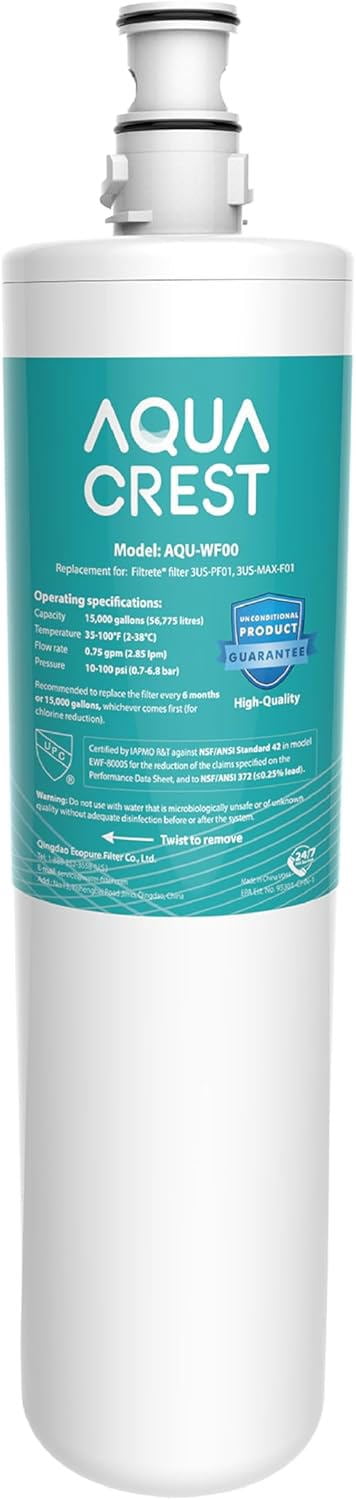 AQUA CREST 3US-PF01 Under Sink Water Filter, Replacement for Advanced Filtrete® 3US-PF01, 3US-MAX-F01H, 3US-PF01H, Delta RP78702, Manitowoc K-00337, K-00338, HF20 HF25 HF27