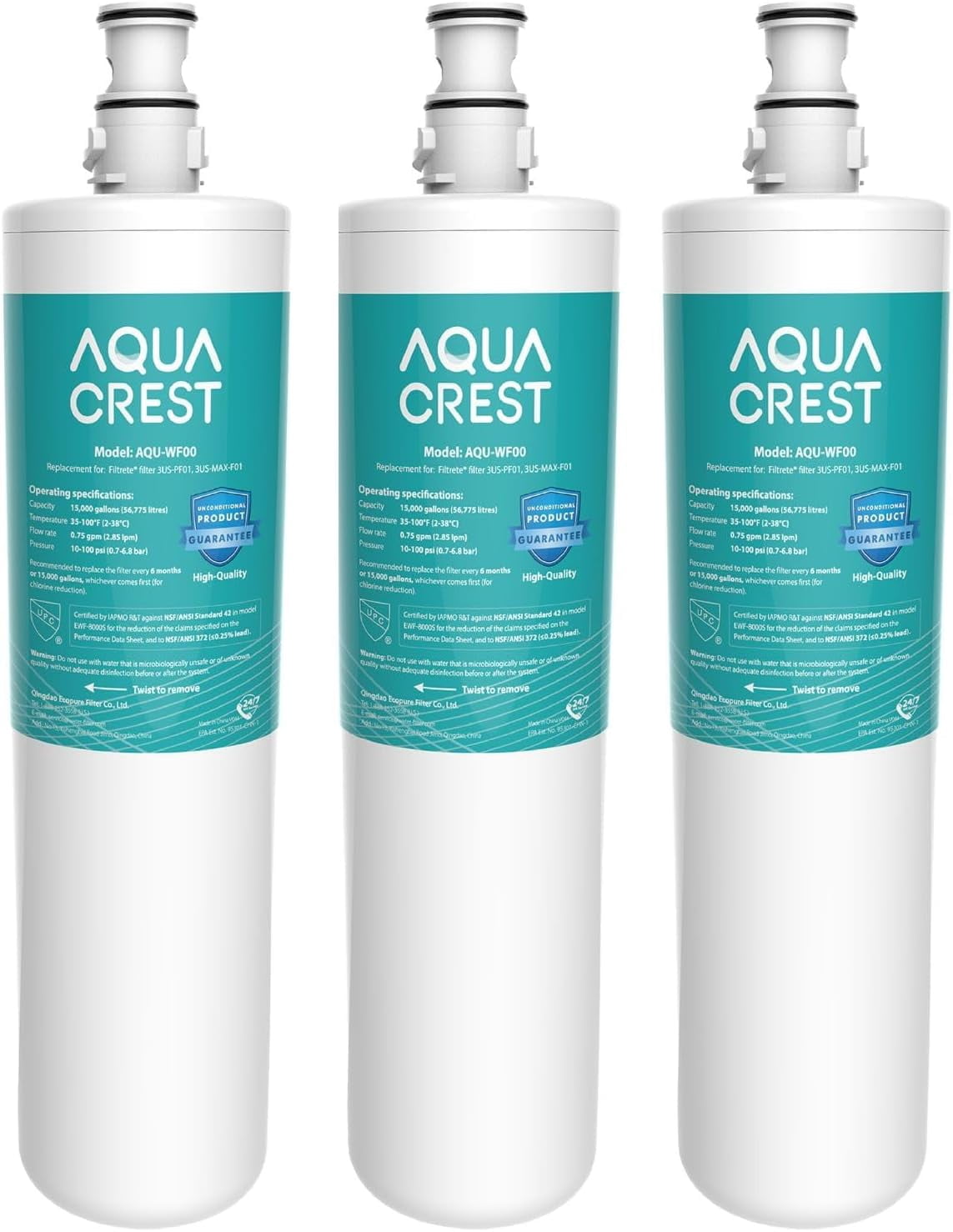 AQUACREST 3US-PF01 Under Sink Water Filter, Replacement for Advanced 3US-PF01, 3US-MAX-F01H, 3US-PF01H, Delta RP78702, Manitowoc K-00337, K-00338 Water Filter, Pack of 3