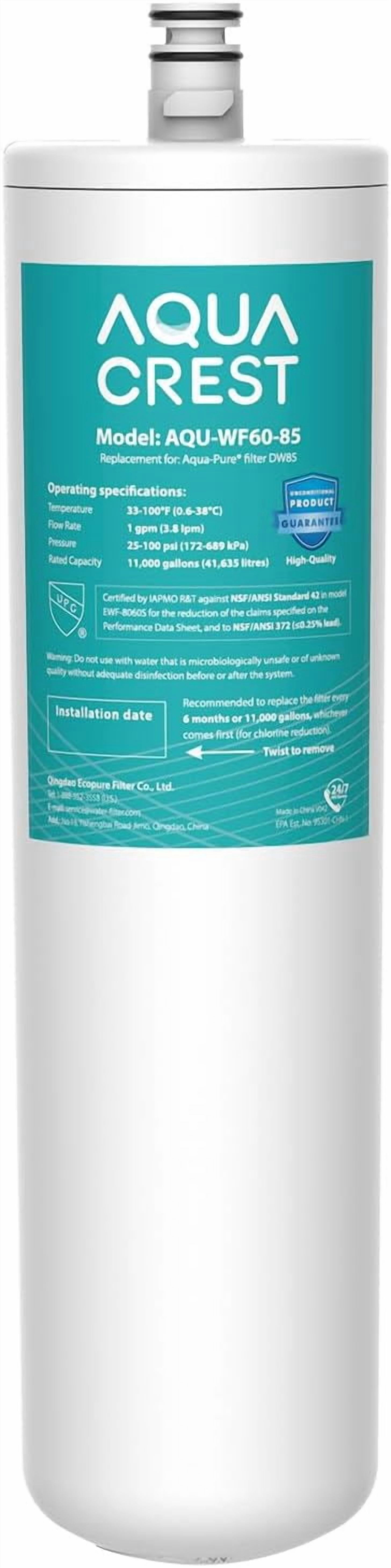 AQUA CREST DW85 Under Sink Water Filter, Replacement for Aqua-Pure® AP-DW85, 5584408, AP-DWS700, Cuno CFS8112, CFS8812X-S, CFS8720, KOHLER K-201-NA, KOHLER K-202-NA, Model No.WF60-85