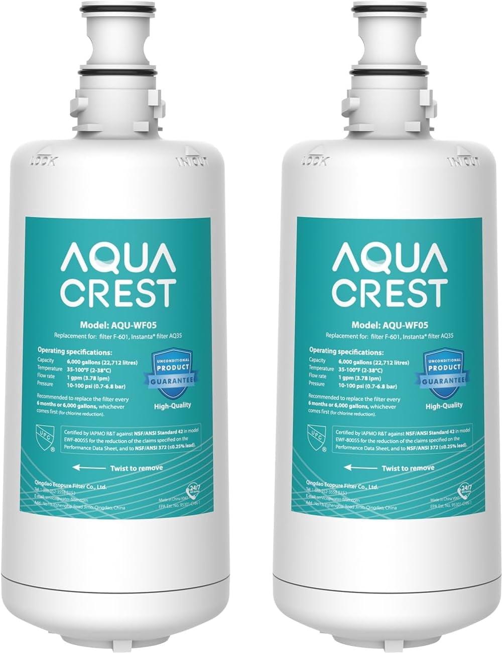 AQUA CREST F-601R Water Filter Cartridge, Replacement for InSinkErator® F-601R Filter Cartridge, NSF/ANSI 42 Certified for More Pure Enjoyment, 2 Pack