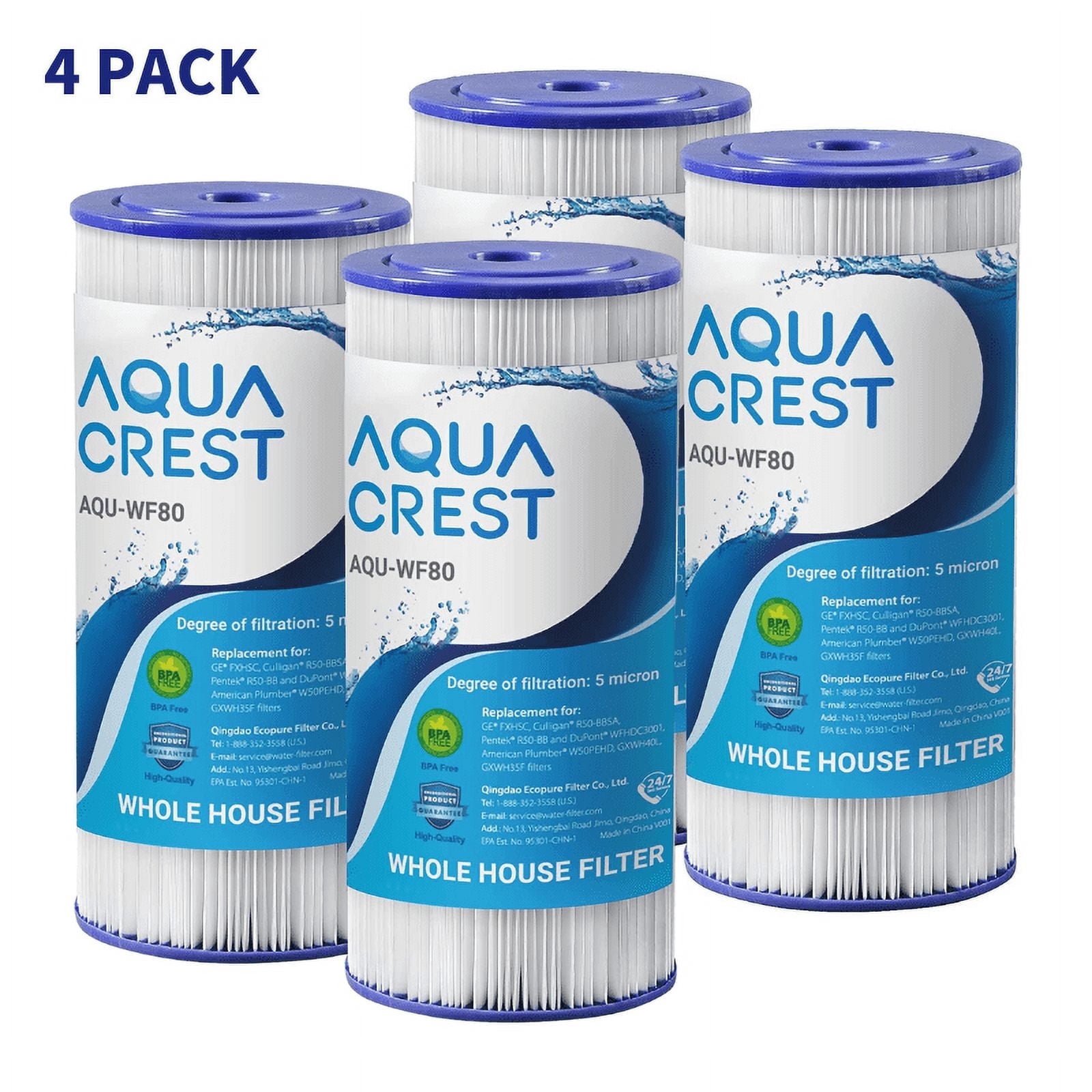 AQUA CREST FXHSC Whole House Water Filter Replacement for GE® FXHSC, Culligan® R50-BBSA, 5 Micron 10" x 4.5", High Flow Sediment Filters, Pack of 4
