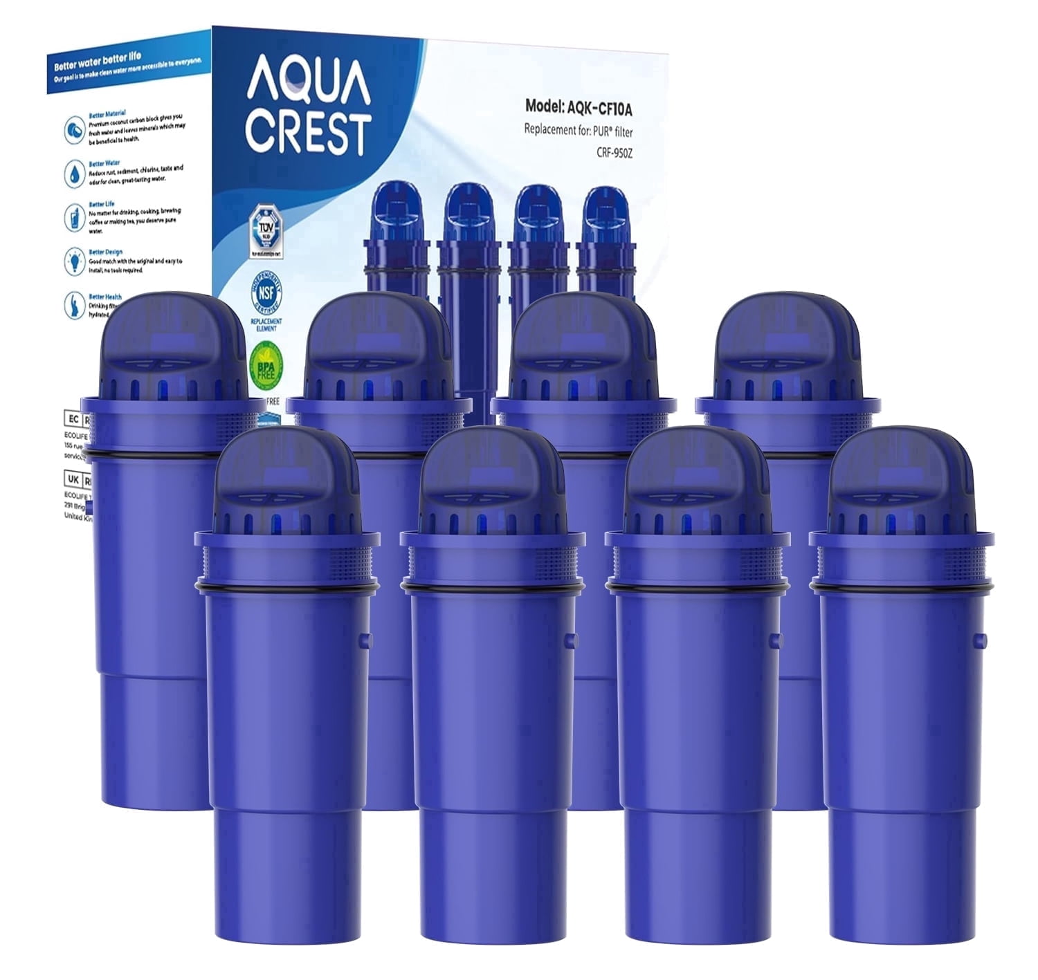 AQUA CREST CF10A Water Filter Replacement for Pur® Plus Pitcher Water Filter, CRF950Z, PPF951K, PPF900Z, PPT700, PPT111, CR1100, DS1800 and All Pur® Pitchers and Dispensers, NSF Certified, 8 Pack
